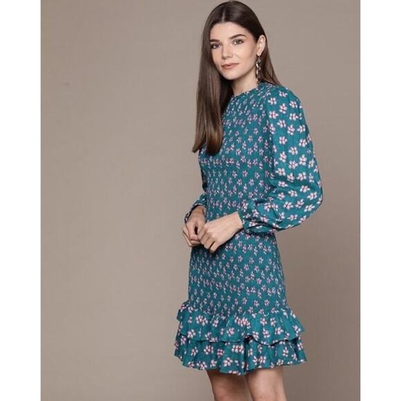 NWT LABEL RITU KUMAR Floral Print Sheath Smocked Dress with Bishop Sleeves Large - Picture 1 of 14